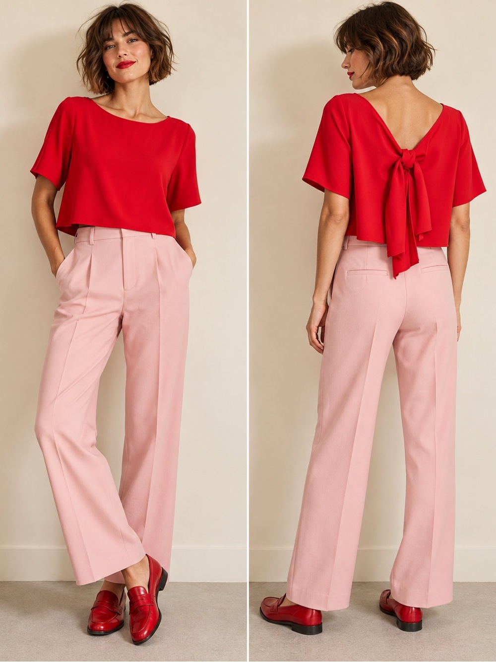 Dylan Gray Red Boat-Neck Tie-Back Cropped Blouse Top Size Small